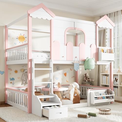 Full Over Full Size House-Shaped Wooden Bunk Bed Frame, White