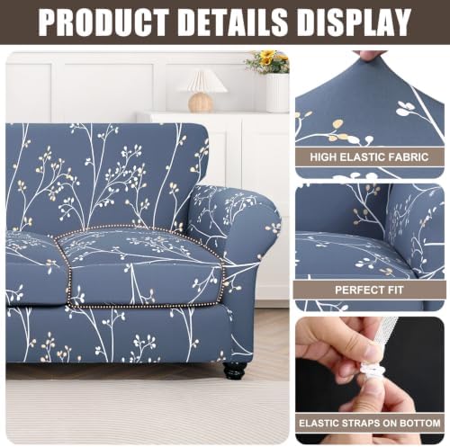 SearchI Stretch Sofa Cover Printed Couch Covers, Floral Pattern 2 Piece Armchair Slipcover with Separate Chair Cushion Cover, Washable Furniture Protector for Living Room(Armchair, Gray Blue)