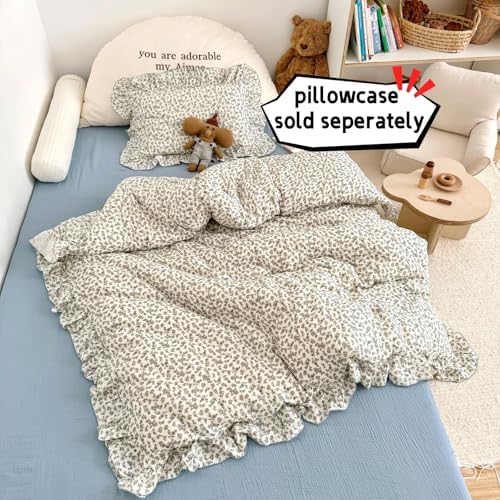 Girls Boys Toddler Bed Duvet Cover with Ruffles, Blue Floral Print