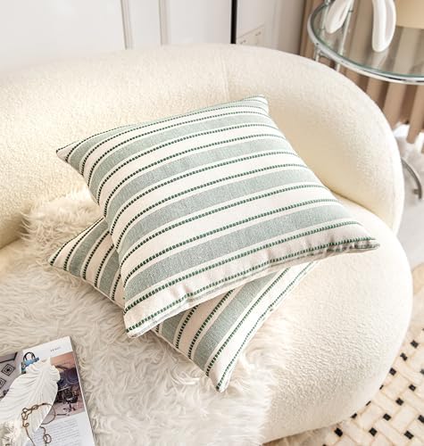 Cethom Decorative Boho Throw Pillow Covers, Farmhouse Textured Pillow Case, 22 x 22 Inch Set of 2, Chair Sofa Bedroom Living Room Home Decor Couch Cushion Case, Green and Beige Striped