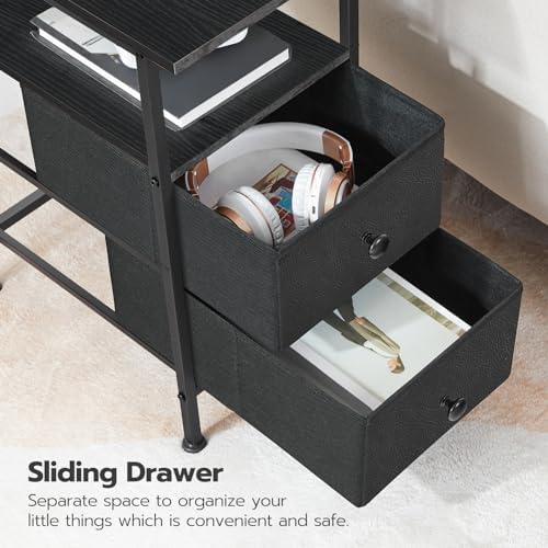 HOOBRO End Table with Charging Station, Narrow Side Table, Nightstand with 2 Non-Woven Drawers, Slim Sofa Side Table, for Small Spaces, Living Room, Bedroom, Black BB486UBZ01