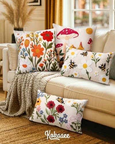 Embroidered Throw Pillow Cover 20x20 Inch, Flower Cluster