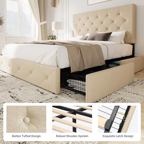 Allewie Queen Size Storage Bed Frame with 4 Underbed Drawers, Upholstered Platform Bed with Adjustable Headboard, Diamond Button Tufted, Easy Assembly, Noise-Free, No Box Spring Needed, Beige