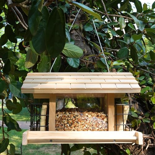 Wooden Bird Feeder for Outdoors Hanging Mount Large Capacity, Pine Garden Roof Feeder with 2 Suet Cages, Cardinal Bluebird Birdfeeder for Garden Decoration Yard, Weatherproof Durable