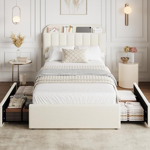 GarveeHome Twin Bed Frame, Platform Bed with Storage Headboard & Drawers