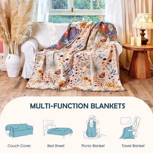 Cotton Throw Blanket Boho - 50"x60" Soft Floral Blankets, Sofa, Bed