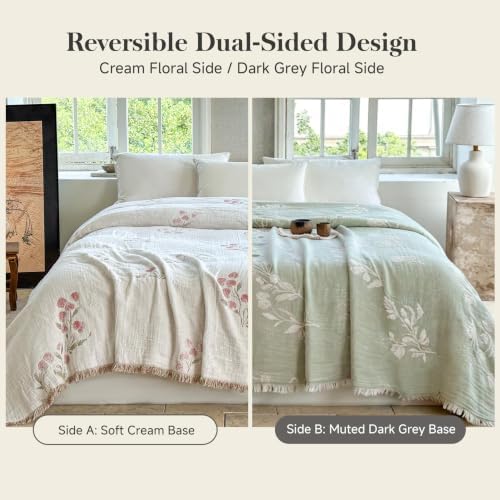 QKTE 100% Cotton Muslin Blanket King Size with Tassels, Lightweight Breathable Reversible Cooling Gauze Blanket for Bed Couch Camping, All-Season Soft Coverlet (White Green, 104" x 90")