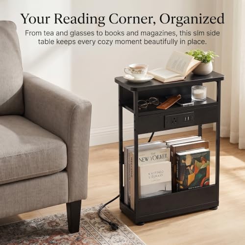 Narrow Side Table with Charging Station Small Spaces Narrow End Table