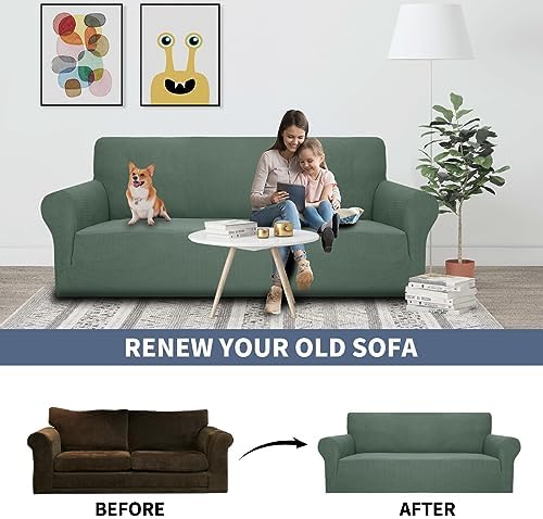 JIVINER Super Stretch Chair Slipcovers with Arms 1-Piece Jacquard Small Checks Living Room Armchair Covers Soft Anti Slip Sofa Couch Furniture Protector for Kids Pets (Chair, Pea Green)