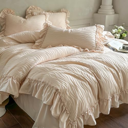 Vintage Ruffled Duvet Cover Twin XL Size - 3Pcs Khaki Wavy Jacquard Bedding