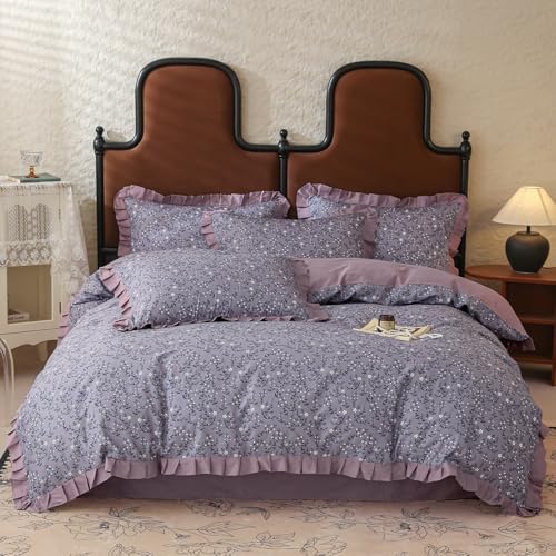 Girls Flower Duvet Cover Set 100% Cotton Queen(90"x90"),Ruffled Purple