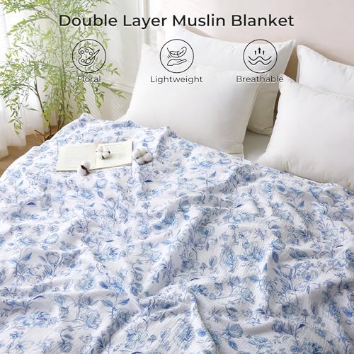 Muslin Blankets for Adults Reversible Throw Fleece & Gauze, Soft Cozy Lightweight Breathable Blue Floral Blanket for Bed Couch, Double Layer Muslin Throw Cover 90"x108"