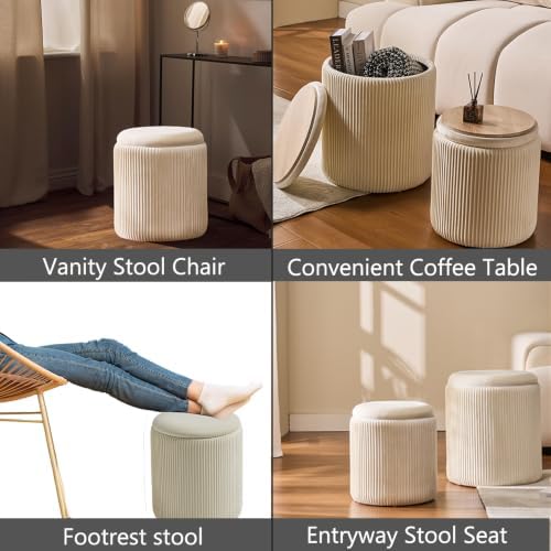 BLEXA Set of 2 Round Storage Ottoman, White Velvet Ottoman with Storage