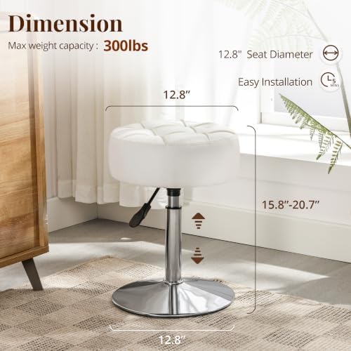 LUE BONA Adjustable Vanity Stool, 360 Swivel Chair for Makeup Room, White Faux Leather Stool for Bathroom & Living Room