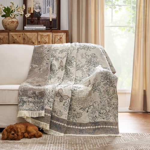 jinchan 100% Cotton Boho Muslin Throw Blanket with Tassel 60x80 Gray/White