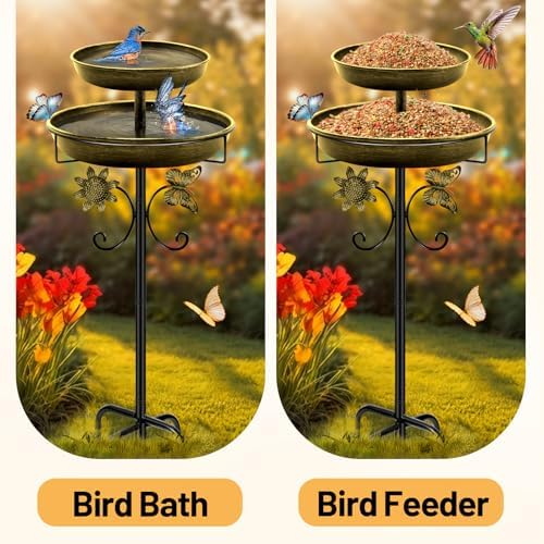 Daoeny Bird Bath for Outside, 42In Vintage Freestanding Birdbaths for Outdoors, Double Metal Bird Bath Feeder Bowls for Garden Patio Yard Lawn Decor, Upgraded 5-Pronged Base (Antique Golden)