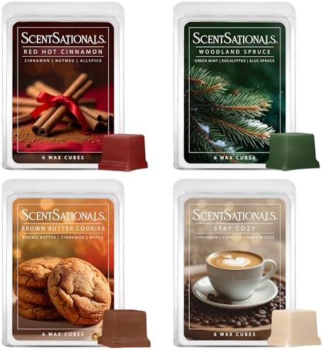 Scentsationals Christmas Wax Melts Holiday Favorites 4pk – Long Lasting, Strong Scent Melts for Warmers, Includes Red Hot Cinnamon, Woodland Spruce, Brown Butter Cookies, & Stay Cozy, 10oz (24 Cubes)