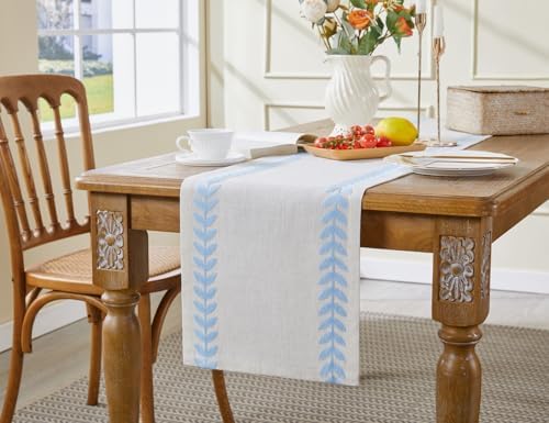 Wracra Embroidered Table Runner, Blue Table Runners 36 Inches Long