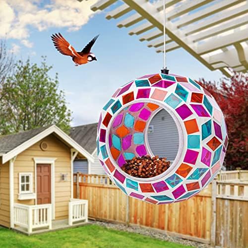 Yinns Glass Bird Feeder Outside, Hanging Mosaic Birdfeeder for Garden Decor