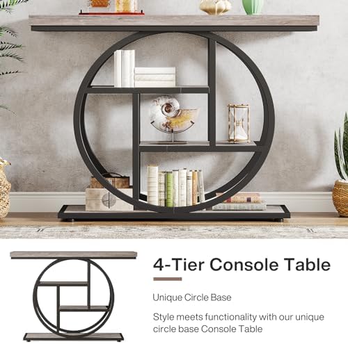 Tribesigns 41.3" Console Table, Industrial 4-Tier Sofa Table Entryway Table with Circle Base, Narrow Wood Accent Tables with Storage Shelves for Living Room, Hallway, Foyer, Gray