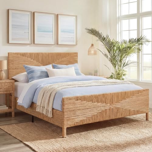 Brafab Boho Queen Rattan Bed Frame with Headboard and Footboard