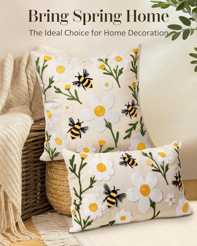 Embroidered Throw Pillow Cover 20x20 Inch, Flower Bee
