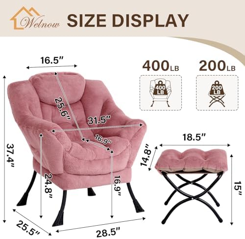 Welnow Lazy Chair with Ottoman, Reading Chair with Footrest, Dark Pink
