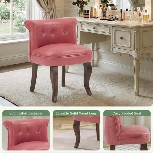 Faux Leather Pink Vanity Chair with Back, Upholstered Makeup Accent Chair
