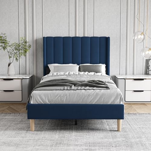 Twin Size Bed Frame with Velvet Upholstered Headboard, Blue