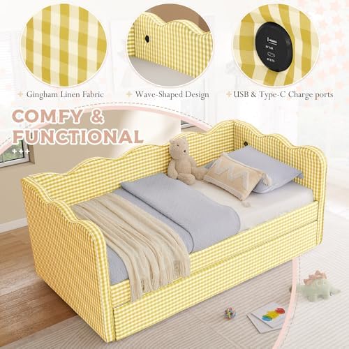 Twin Size Daybed with Pop Up Trundle, Linen Gingham Twin to King Daybed with USB Ports, Upholstered Day Bed Frame, Modern Sofa Bed for Living Room/Bedroom/Guest Room, No Box Spring Needed, Yellow