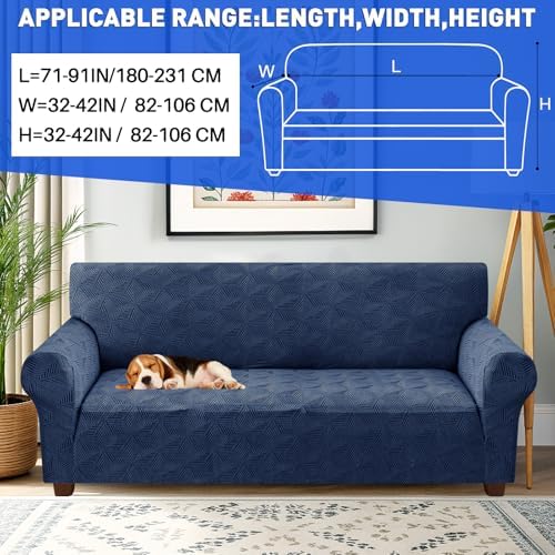 YEMYHOM 1 Piece Stretch Couch Covers for 3 Cushion Couch, Jacquard Sofa Cover with Non-Slip Elastic Bottom, Thickened Slipcover Furniture Protector for Dogs Pets (Large, Navy）