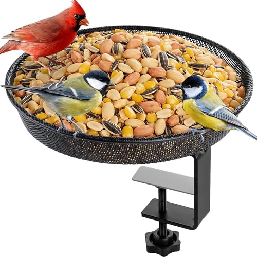 iBorn Deck Bird Feeders for Outdoors,Platform Bird Seed Tray with 1.4 lbs Capacity,Balcony Porch Railing Bird Feeder, Drainage Mesh Holes,Tilt-Proof, Windproof, Anti-Loosen, Easy to Refill&Clean,Black