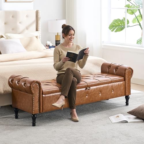Storage Bench 67" Faux Leather End of Bed Benches Brown