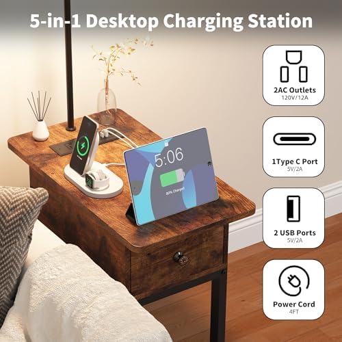 runjuly Floor Lamp with Table, Narrow Side Table with Charging Station