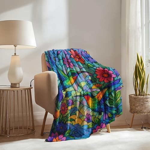 Colorful Hummingbird Blanket Gifts for Boys Girls Kids, Hummingbirds and Floral Warm Soft Flannel Throw Blankets for Travel, Sofa, Room, Bedroom Birthday Christmas Spring Decor, 40x50 in