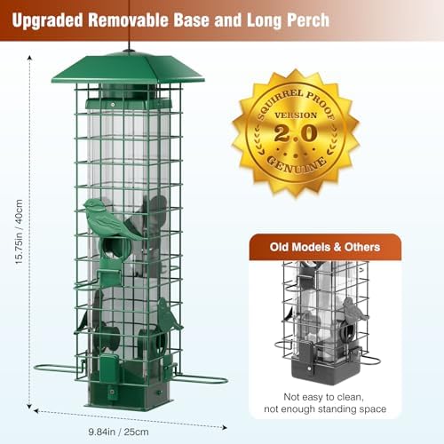 Squirrel Proof Bird Feeder, Metal Bird Feeders for Outdoors Hanging, Weight Activated, 3Lb Capacity, 4 Ports, All-Weather Tube Bird Feeder for Outside, Cardinal Finch Bluebird Wild Bird Feeder