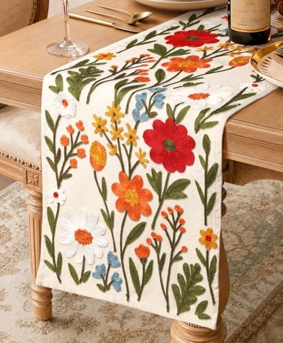 Miss Adola Embroidered Canvas Table Runner 13"x90", Wild Flower