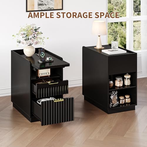 iPormis Fluted Narrow End Table with Charging, 2-Drawer Night Stand, Black