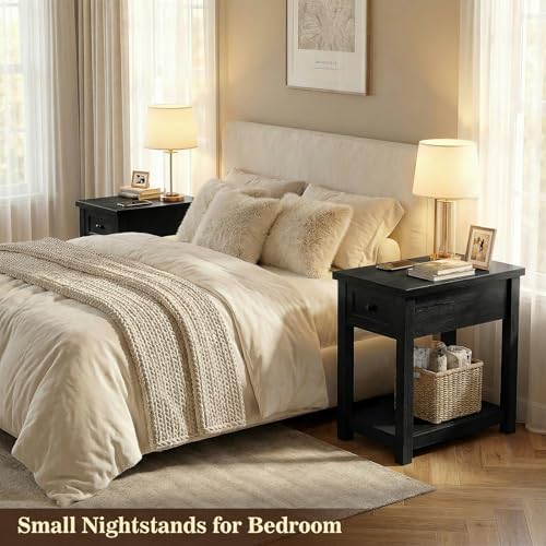 Farmhouse Narrow End Table Set of 2 with Charging Station, 13.8" Wide