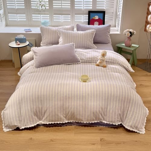 AOJIM Milk Velvet Duvet Cover Set Queen Vintage Lilac Striped Bedding 3Pcs