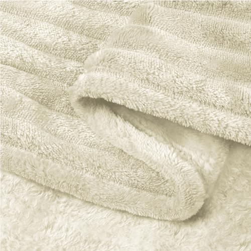 BEDELITE Ribbed Jacquard Beige Fleece Throw Blanket for Couch, 50x60 Inch