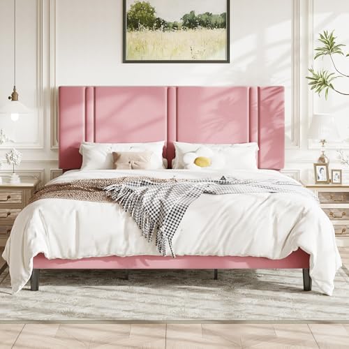 Allewie King Size Platform Bed Frame with Velvet Upholstered Headboard