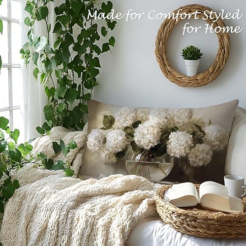 Vintage White Hydrangea Floral Pillow Cover 12x20, Country Farmhouse Neutral Floral Still Life Decorative Lumbar Pillow Cover for Couch Bed Living Room Bedroom