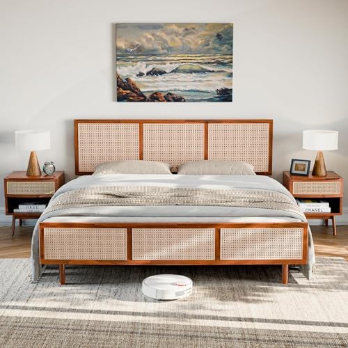 Bme Nancy Signature Bed Frame, King Bed Frame and Headboard Unique Geometric, Mid Century Modern, Solid Acacia Wood, No Box Spring Needed, 12 Strong Wood Slats Support, Easy Assembly, Dark Chocolate
