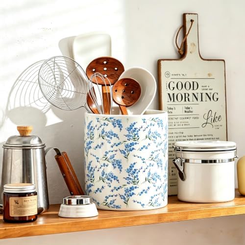 Kitchen Utensil Holder,7.2-inch Extra Large Sturdy Ceramic Cherry Floral Pattern Utensil Crock,Cooking Utensil Organizer for Kitchen Counter Decor,Storage Caddy Farmhouse Gift Blue Blossom