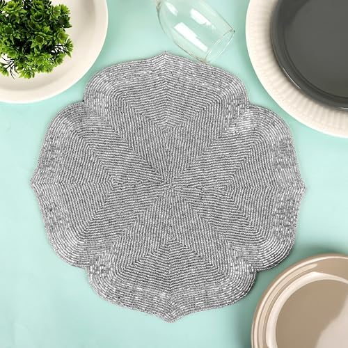 ALPHA Living HOME Silver Beaded Placemats Set of 2 Handmade Dining Mat Pair