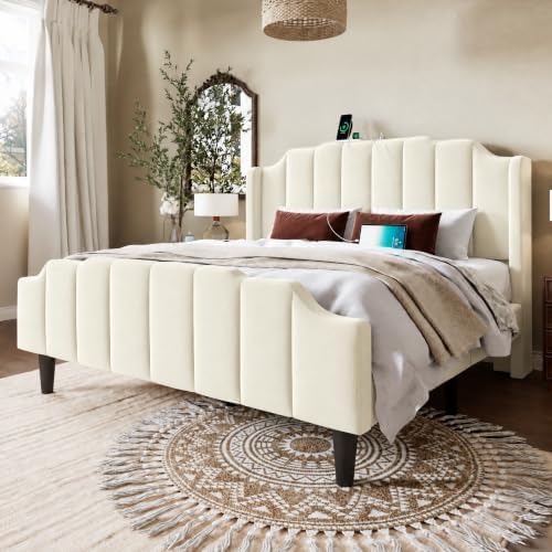 Allewie Vintage Full Size Velvet Platform Bed Frame, Cream White