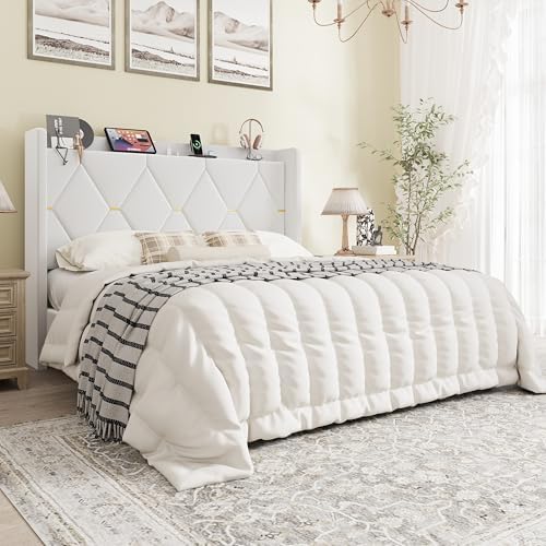 SHA CERLIN Queen Bed Frame with Storage Headboard & Charging Station