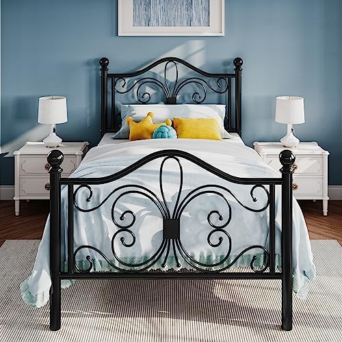 SHA CERLIN Twin XL Size Metal Bed Frame with Butterfly Headboard, Black