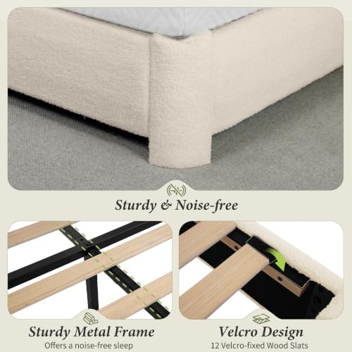 WEUP King Size Platform Bed Frame, Boucle Upholstered Bed with Adjustable Headboard, Wood Slats, No Box Spring Required, Noise-Free, Easy Assembly, Light Beige